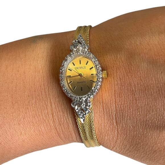 Vintage Benrus Gold Silver Mesh Oval Face Rhinestone Bow Accent Stainless Steel - Picture 1 of 11